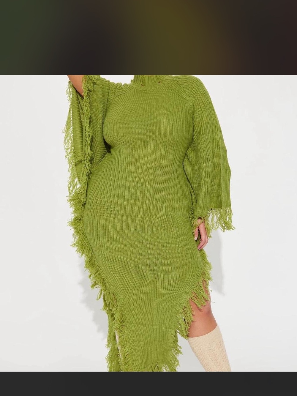 Fashion Nova Olive Green Asymmetrical Fringe Knit Dress